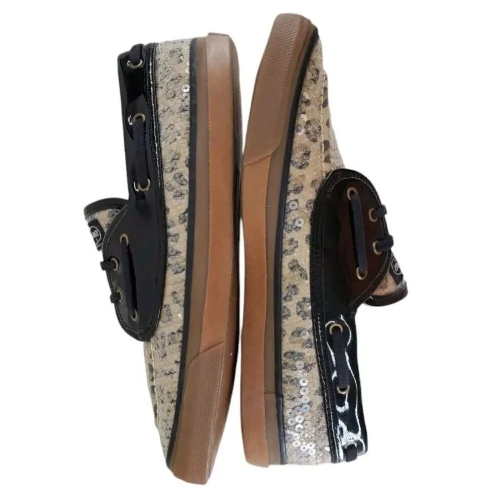 Sperry Topsider Cheetah Print Sequin Leather Sherpa Lined Boat Shoe Womens 9 M